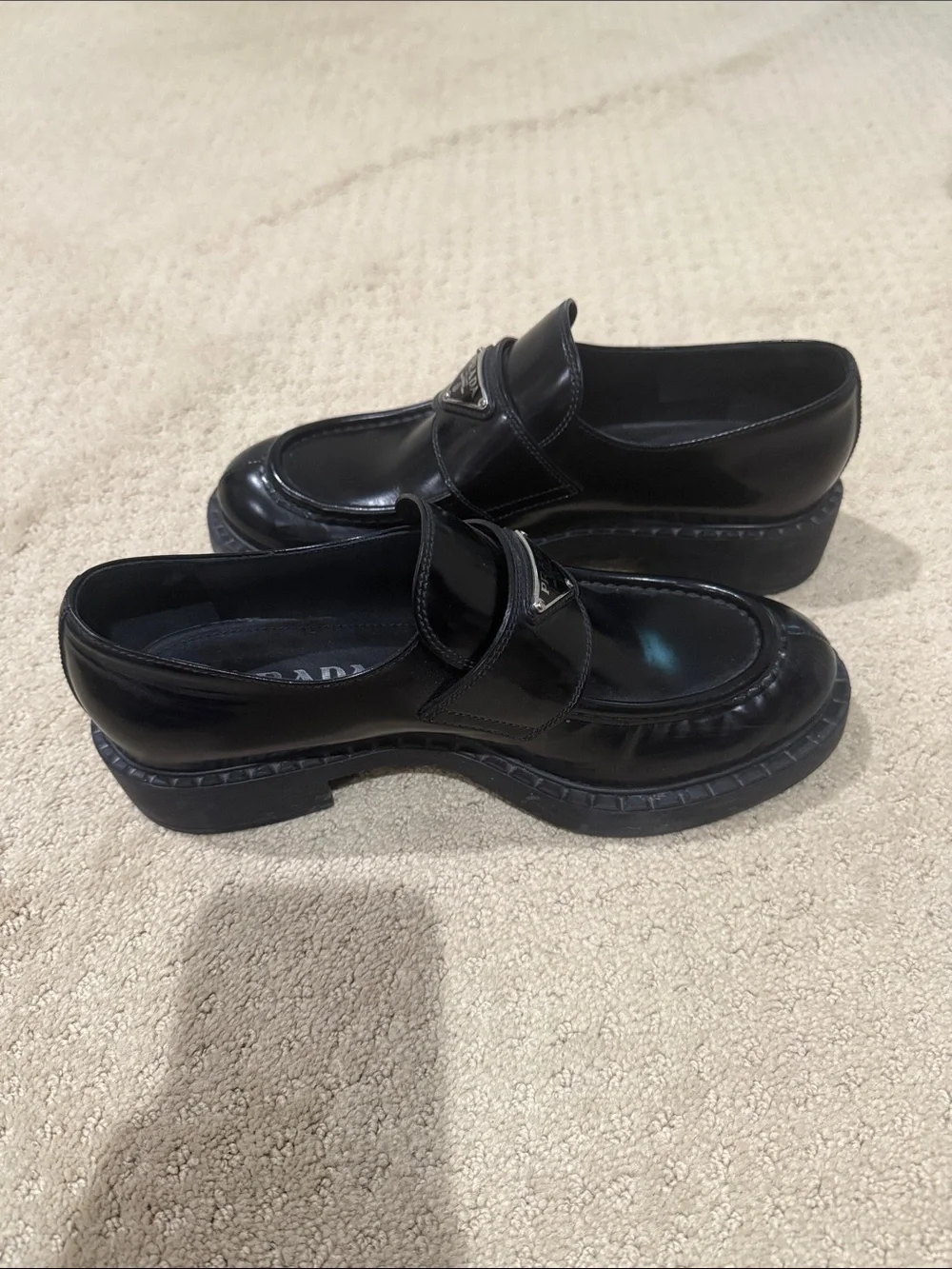 Prada Black Leather Logo Loafers - Picture 4 of 5